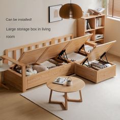 an open storage box in living room with coffee table and bookshelf next to it