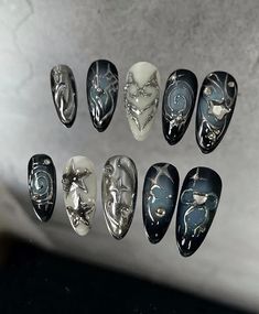 Y2k Black Silver Chrome Nail/ Custom Press on Nails/ Hand Made Press on Nails/faux Acrylic Nails/ Gel Nails/press on Nails - Etsy Fake Nails Designs, Punk Nails, Goth Nails, Grunge Nails, Acrylic Press On Nails, Y2k Nails, Pretty Gel Nails, Really Cute Nails, Nails Polish