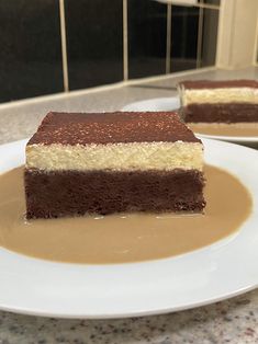 two pieces of chocolate cake sitting on top of a white plate next to each other