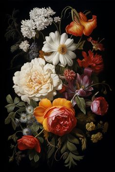 a bunch of flowers in a vase on a black background with white, red and yellow flowers