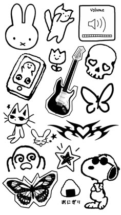 some stickers that have been drawn in black and white