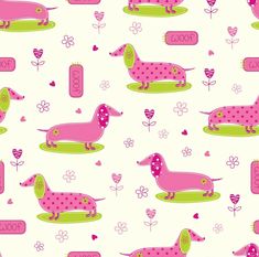 a pink and green dachshund pattern with hearts