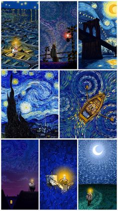 the starry night is depicted in this collage with many different scenes and colors