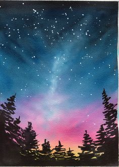 watercolor painting of trees and the night sky