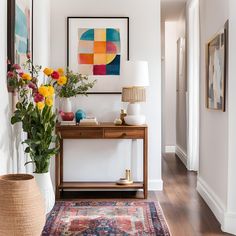 a living room with a rug, vases and paintings on the wall above it