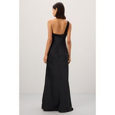 Black (Self: 100% Polyester, Contrast: 90% Recycled Rayon, 9% Nylon, 1% Spandex). Gown. Sleeveless. One-shoulder neckline. Back zipper closure. 58" from shoulder to hemline. Imported. Fitted One-shoulder Satin Evening Dress, Chic Gown With Asymmetrical Neckline And Fitted Bodice, Chic Gown With Asymmetrical Neckline For Evening, One Shoulder Dress With Asymmetrical Neckline For Gala, Asymmetrical One Shoulder Dress For Evening With Fitted Bodice, Asymmetrical One Shoulder Dress With Fitted Bodice For Evening, Asymmetrical One-shoulder Dress With Fitted Bodice For Evening, Fitted Asymmetrical Floor-length Evening Dress, One-shoulder Bias Cut Dress For Prom