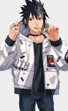 an anime character with black hair wearing a white jacket and eating something in his mouth