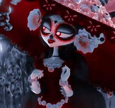 a woman in a red dress and hat with skulls on her face is wearing a skull mask