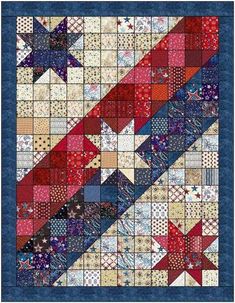 a quilt made with red, white and blue stars on top of a blue background