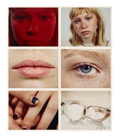 four different pictures of women's faces and their rings on the nose, lips, hands