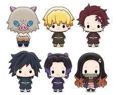 some cute little anime characters with big eyes and long hair, all wearing different outfits