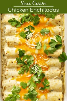 an enchilada in a white casserole dish topped with cilantro and parsley