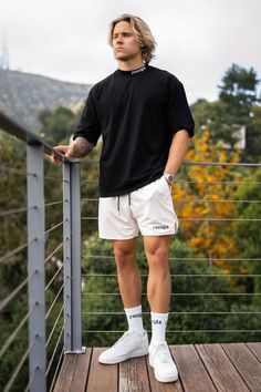 Effortless athleisure stylefeaturing a classic black oversized t-shirt paired with crisp white shortsPerfect for a casual day out or hitting the gym. Athleisure Streetwear MensFashion CasualOutfit BlackAndWhite FitnessStyle SportyLook SummerVibes White Short Men Outfit, Shorts For Men Aesthetic, Different Men’s Styles, Outdoors Style Men, Skateboard Style Mens, Aesthetics Outfits Men, Mens Fashion Sporty Casual, Athleisure Outfits Men Casual, Short For Men Outfits