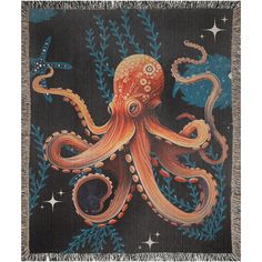 Octopus - Woven Blanket - Foxlark Crystal Jewelry Woven Blankets, Woven Blanket, Crystal Jewelry, Octopus, The Ocean, Pure Cotton, Nautical, Blankets, Premium Quality