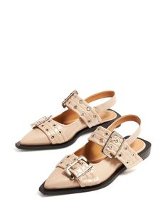 GANNI Slingback Leather Ballerina Shoes - Farfetch Spring Patent Leather Flat Slingback Pumps, Chic Flat Patent Leather Slingback Pumps, Chic Slingback Flats With Buckle Closure, Ganni Slingback, Ballerina Shoes Drawing, Ganni Shoes, Copenhagen Street Style, Buckled Flats, Shoes Drawing