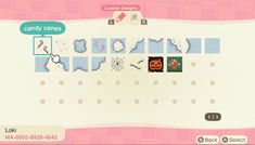 an animal crossing game screen showing the location of candy canes and other candies