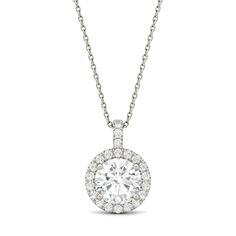 Nothing sparkles quite like moissanite! This pendant showcases a sizable round 8mm moissanite front and center. That center stone is surrounded by a glistening halo of more moissanite. Both the pendant and 18" cable link chain are crafted from gorgeous 14K white gold. Lab Grown Diamond Round Pendant Necklace With Brilliant Cut, Round Halo Setting Necklace With Lab Grown Diamond, Round Lab Grown Diamond Necklace With Halo Setting, Round Necklace With Halo Setting And Lab Grown Diamond, Timeless Moissanite Round Pendant Necklace, Moissanite Necklace With Halo Design In Diamond White, Diamond Necklace With Halo Setting And Round Stone, Dazzling Moissanite Round Stone Necklace, Moissanite Round Pendant Necklace