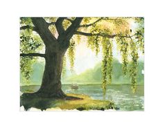 a watercolor painting of a tree by the river