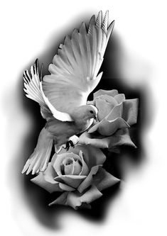 a black and white photo of a bird flying next to a rose with it's wings open