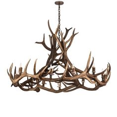 a chandelier made out of antlers hanging from a chain