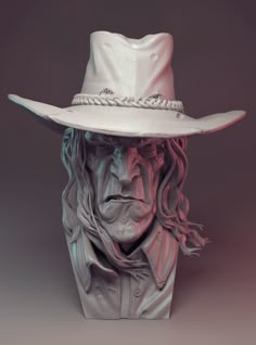 a white cowboy hat sitting on top of a plastic container with long hair and braids