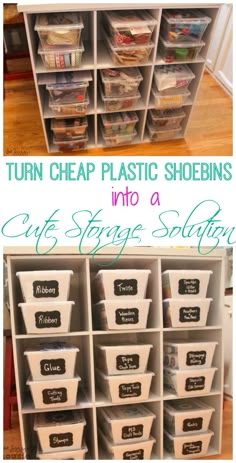 an organized storage unit with plastic containers and chalkboard labels on the bottom, labeled turn cheap plastic shoebins into a cute storage solution