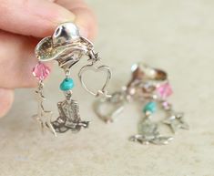 Sterling Silver Earrings Country Western Style Cowgirl Hat Boots Spurs Heart Star Turquoise Pink Vintage Vintage Jewelry Sets, Dollar Sign, Western Earrings, Cowgirl Hat, Cowgirl Hats, Pink Vintage, Country Western, Pink Turquoise, Star Charms