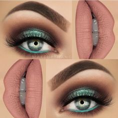 Teal Eye Makeup, Makeup Cantik, Make Up Designs, Teal Eyes, Teal Dress, Makeup Designs