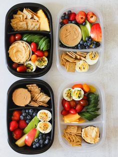 three plastic containers filled with different types of food on top of a white countertop