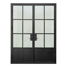 an open double door with glass panels on the outside and side doors in black color