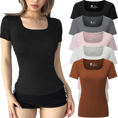 PRICES MAY VARY. Material: 5 piece Y2k shirts are made of 88% polyester and 12% spandex.High quality elastic fabric,light weight, super soft and skin-friendly,make you more comfortable to wear. Y2k Design: Cropped and regular style,you can wear it regularly or fold it up like a crop top.cute,slim fitted,casual style,scoop neck,short sleeve. Occasion: Simple and stylish design,great for going out,working out,running,gym,yoga,daily wear, streetwear,rave party,club,dating,beach,travel, vacation,sho Crop Tops Cute, Y2k Shirts, Color Plain, Cute Summer Tops, Basic T Shirts, Y2k Clothing, Slim Fit Suits, Slim Fit Top, Going Out Tops