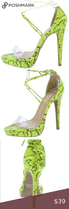 Neon yellow open toe ankle wrap stiletto heels A clear lucite toe strap and delicate ankle wrap strap. A low platform sole and stiletto heel. 5” Shoes Heels Ankle Wrap, Neon Yellow, Stiletto Heel, Yellow Black, Stiletto Heels, Shoes Heels