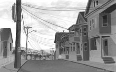 a drawing of an empty street with houses on the side and power lines in the background