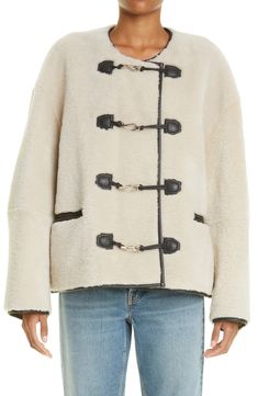 Totême Teddy Genuine Shearling Jacket | Nordstrom Chic Ballet Flats, Ballet Flats Outfit, White Linen Shirt, Flats Outfit, All White Outfit, Denim Maxi Skirt, Shearling Coat, Beige Sweater, Jewel Neck