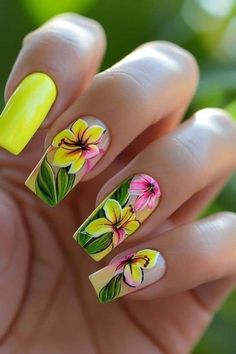 Hibiscus Flower Nail, Nail Art Designs Summer, Floral Nail Designs, Long Nail Designs, Flower Nail Designs, Summer Nail Art, Flower Nail, Beach Nails