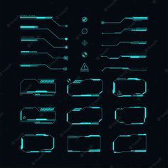 a set of futuristic lines and shapes on a black background, with blue glows