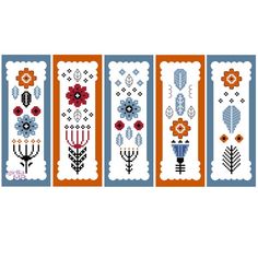 four cross stitch bookmarks with flowers and leaves