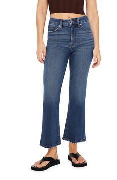 Light distressing gives a lived-in look to stretch-kissed flare jeans boasting a cropped length that's perfect for sunny days. 26" inseam; 18" leg opening; 11 1/2" front rise; 14" back rise (size 8)
 Zip fly with button closure Five-pocket style 69% preconsumer cotton, 30% lyocell, 1% elastane Machine wash, tumble dry Made in Turkey Black Owned/Founded Summer Flares With Frayed Hem, Summer Wide-leg Flares With Frayed Hem, Medium Wash Stretch Flare Jeans With Cropped Leg, Stretch Medium Wash Cropped Leg Flare Jeans, Mid-rise Flares With Frayed Hem For Spring, Spring Mid-rise Flares With Frayed Hem, Dark Wash Cropped Flare Jeans With Frayed Hem, Cropped Flare Jeans With Frayed Hem In Dark Wash, Cropped Dark Wash Flare Jeans With Frayed Hem