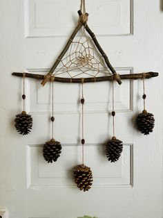 pine cones hanging from a twig on a door