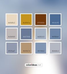 the color scheme is blue, brown, yellow and gray with white squares on them