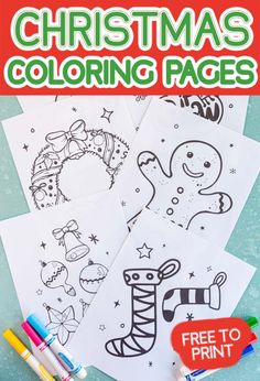 christmas coloring pages with markers and crayons on the table next to each other