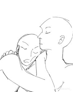 a drawing of two people hugging each other with their faces close to one another,