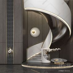 an elegant foyer with marble floors and white vases on the table next to it