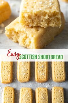 easy shortbread cookies are stacked on top of each other and ready to be eaten