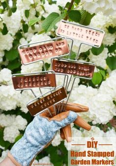 a person holding up several wooden clothes pins in front of white flowers with text overlay that reads diy hand stamped garden markers