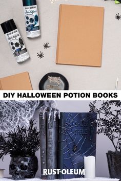 halloween books and decorations on a table with text overlay that reads diy halloween potion books