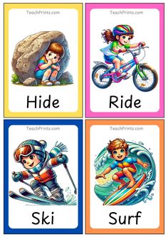 four cards with different pictures of children on them, including the words hide, ride, ski