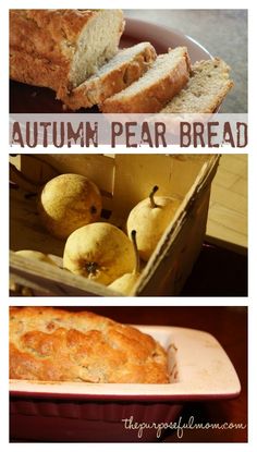 four different pictures with bread, apples and pears in them on a plate next to an open loaf of bread