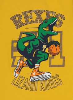 a t - shirt with an image of a dinosaur holding a basketball in it's hand