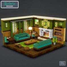 a green room with couches and tables in it